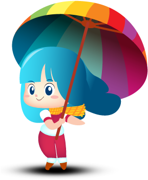 Lächelnde Reiseführerin mit blauem Haar, orangem Schal, roter Hose und freundlichen Glubschaugen hält einen bunten Regenschirm. Sie winkt dich weiter ...