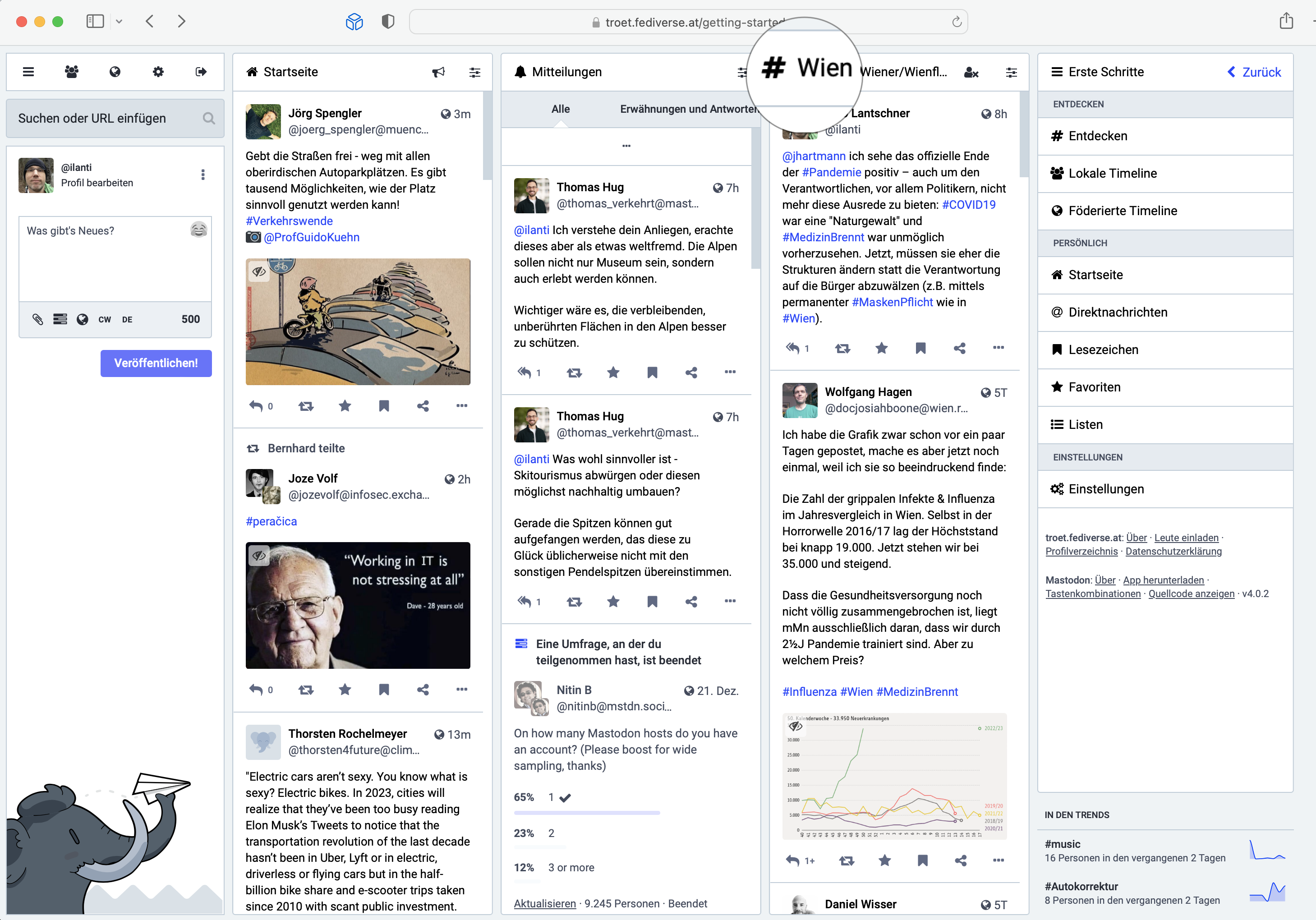 Bildschirmabzug: Mastodon erweiterte Benutzeroberfläche mit zusätzlicher Spalte für Wien-lastige Hashtags