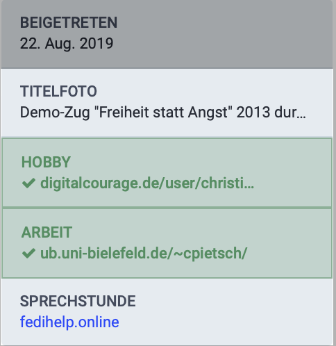 Tabelle: Zeile1 TITELFOTO Demo-Zug »Freiheit statt Angst«, Zeile 2: HOBBY digitalcoiurage.de/user/chisti…, Zeile 3: ARBEIT: ub.uni-bielefeld.de/~cpietsch, Zeile 4: SPRECHSTUNDE fedihelp.online